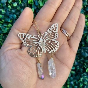 Aurora Quartz Butterfly Crystal Genuine Gemstone Necklace Gold Boho Pendant Boho
